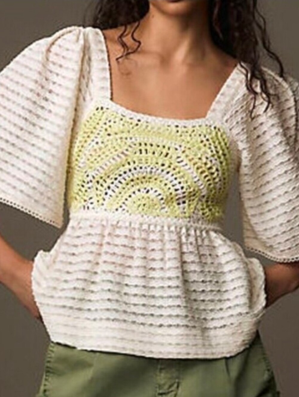 Anthropologie Sarah Hann Women's Flutter Puff Sleeve BoHo Crochet Top